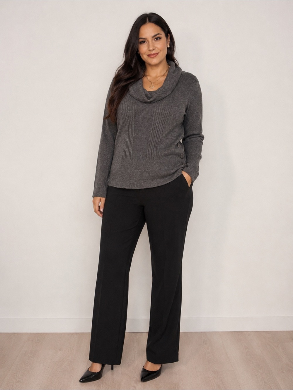 Say What? Gray Cowl Neck Ribbed Sweater with Side Buttons